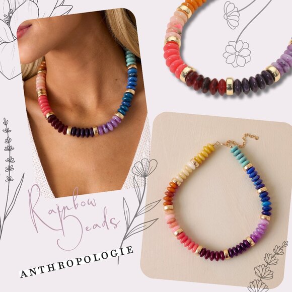 Anthropologie Jewelry - Rainbow Beaded Gold Multi-Color Neutral Boho Classic Statement Necklace NEW
